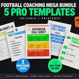 May include: A digital football coaching mega bundle featuring five editable and printable templates. The documents include a grading sheet, the standard 7 pillars, an offensive call sheet, a defensive call sheet, and wristband templates in three sizes.