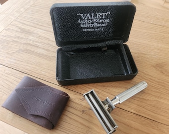 Set di rasoi di sicurezza Vintage Valet Auto Strop – Prodotto in Gran Bretagna – Custodia originale e striscia di cuoio