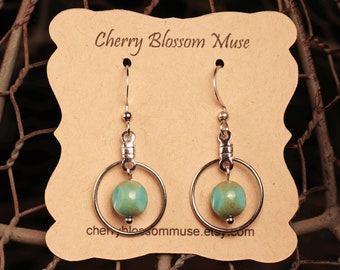 Mint Green and Olive Green Czech Glass and Silver Hoop Earrings