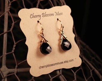Black Earrings, Jet Black Swarovski Briolette and Gold Earrings, Womens Gift, Black Crystal Earrings, Black Dangle Earrings, Halloween