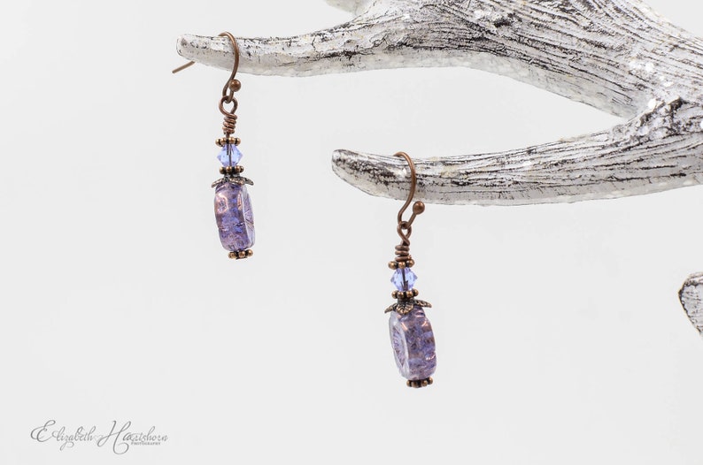 Christmas Gift Beaded Earrings Czech Glass Flower Earrings Antiqued Copper Dangle Earrings Purple Flower Earrings Stocking Stuffer