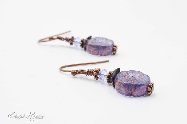 Christmas Gift Beaded Earrings Czech Glass Flower Earrings Antiqued Copper Dangle Earrings Purple Flower Earrings Stocking Stuffer