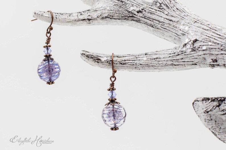 Christmas Gift Beaded Earrings Czech Glass Flower Earrings Antiqued Copper Dangle Earrings Purple Flower Earrings Stocking Stuffer