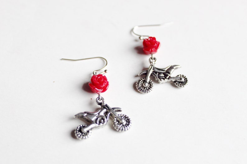 Red Rose and Silver Dirt Bike Earrings | Etsy