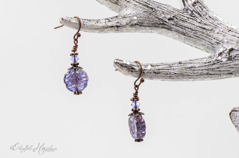 Christmas Gift Beaded Earrings Czech Glass Flower Earrings Antiqued Copper Dangle Earrings Purple Flower Earrings Stocking Stuffer