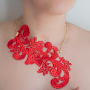 Lace Necklace, Collar Necklace, Red Lace Necklace, Statement Necklace, Bib Necklace,