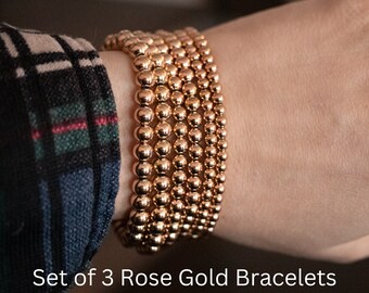 Conjunto de pulseras de cuentas de oro rosa: pulseras elásticas apilables rellenas de oro de 14 quilates