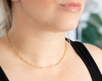 Dainty Gold Plated Paperclip Necklace: Sterling Silver Chain, 16"