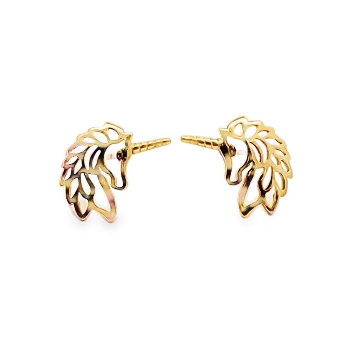 ◆STONEHENgE◆ Unicorn 14K Earrings U0122 Gold Unicorn Earrings, Gold Unicorn Earrings, 10k Solid Gold