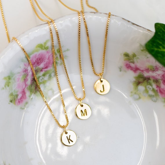 small gold initial necklace, custom initial necklace, small gemstone j –  jillmakes