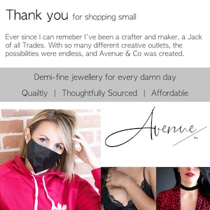 May include: A woman wearing a red hoodie and a black sequined face mask. The text "Demi-fine jewellery for every damn day" is displayed above the image. The text "Quailtly | Thoughtfully Sourced | Affordable" is displayed below the image. The text "Avenue Co." is displayed in a handwritten font.
