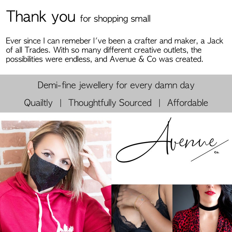 May include: A woman wearing a red hoodie and a black sequined face mask. The text "Demi-fine jewellery for every damn day" is displayed above the image. The text "Quailtly | Thoughtfully Sourced | Affordable" is displayed below the image. The text "Avenue Co." is displayed in a handwritten font.