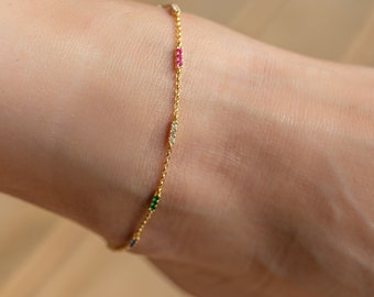 Rainbow Anklet, Gold CZ Anklet, Gold Anklet with multi colour CZ, Emerald, Sapphire, Quarts, Moonstone