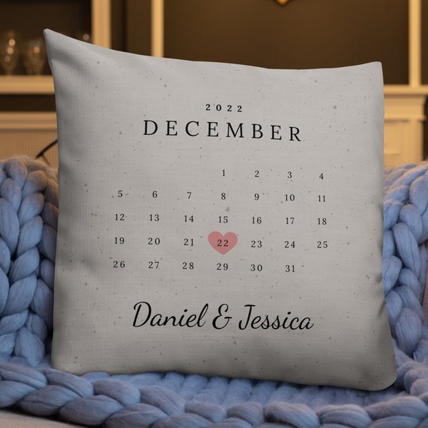 Personalized Anniversary Calendar Pillow | Wedding Engagement Date Gift | Couples Custom Home Decor Premium Throw Pillow | Valentine's Day