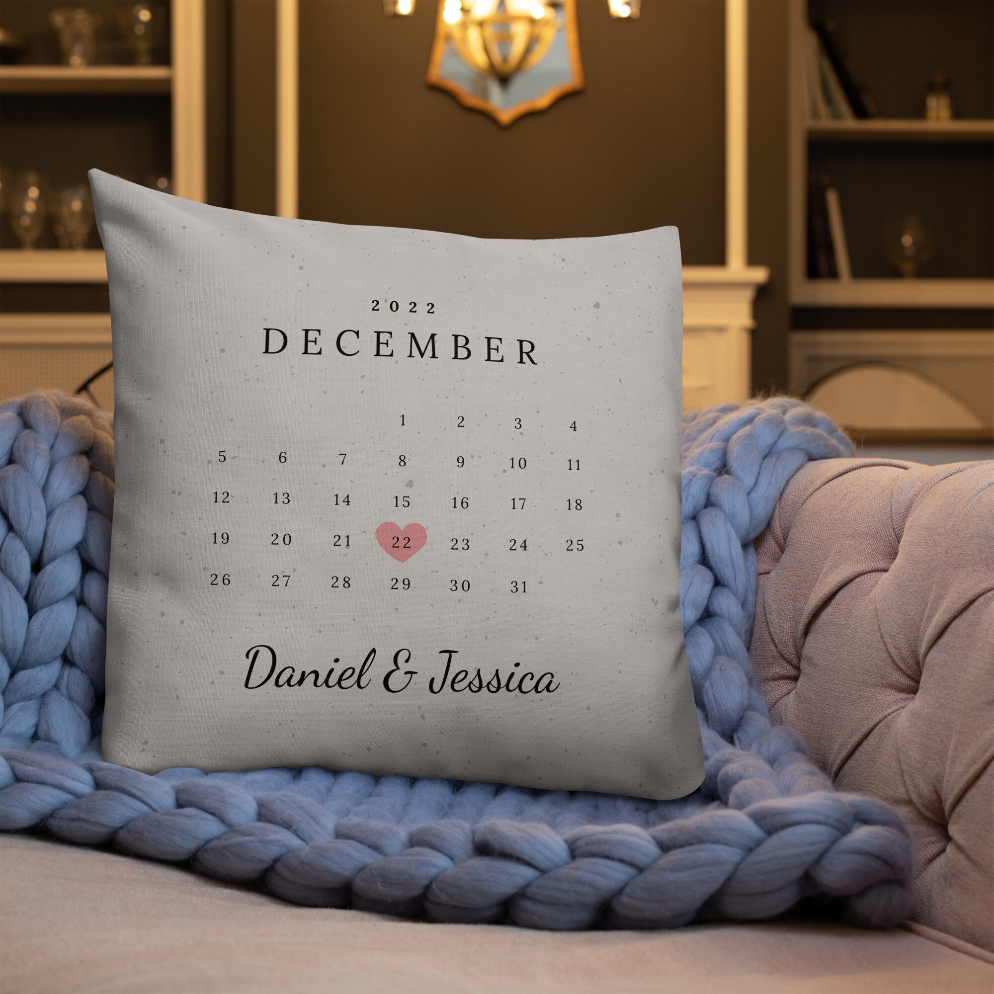 Personalized Anniversary Calendar Pillow | Wedding Engagement Date Gift | Couples Custom Home Decor Premium Throw Pillow | Valentine's Day