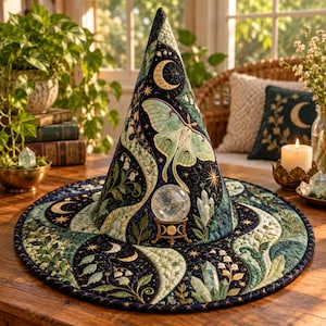 May include: A conical fabric hat featuring a quilted surface with dark blue and green tones. The design includes a large moth, crescent moons, stars, lily of the valley flowers, and crystals. A clear glass sphere sits on a small gold-toned stand.
