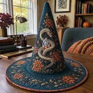 May include: A quilted teal witch hat featuring an embroidered design of a coiled snake wrapped around a central crystal. The hat is decorated with orange and gold floral patterns, intricate leaf motifs, and small star accents across the fabric.