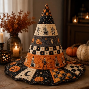 May include: A quilted witch hat featuring a tiered design with alternating patterns of skeletons, pumpkins, stars, moons, and black and white checkered squares in a color palette of orange, black, and cream, with a wide, circular brim.