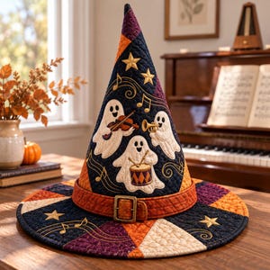 May include: A quilted witch hat featuring a dark blue, orange, and purple patchwork design with embroidered white ghosts playing a violin, trumpet, and drum. The hat includes gold star accents, musical notes, and a brown fabric band with a metal buckle.