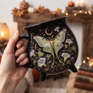 May include: A black ceramic cauldron-shaped mug featuring a large pale green luna moth centered above purple and white morning glory flowers, with a golden crescent moon and small stars printed on the dark surface, supported by three small feet.