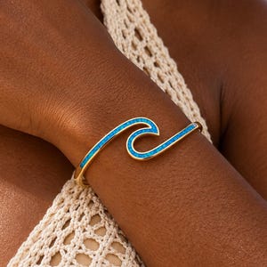 Custom Engraved Blue Opal Wave Cuff Bracelet, Personalized Inner Engraving Ocean Wave Opal Bangle, Hawaiian Opal Cuff,Jewelry Gift for Women