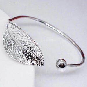 925 Sterling Silver Leaf Cuff Bracelet, Adjustable Open Bangle, Handmade Nature Bracelet, Hallmarked Silver Cuff, Jewelry, Gift for Her