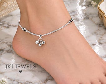 Lightweight 925 Sterling Silver Anklet 10 Inch | Handmade Indian Payal with Ghungroo | Solid 925 Hallmarked Silver Anklet | Gift for Her