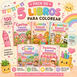 Kawaii Coloring Book Bundle | 5 Printable PDF Books | 100 Cute Coloring Pages | Toddler & Preschool Activity | Instant Download