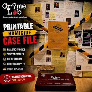 May include: A printable homicide case file game featuring a brown folder labeled Top Secret, yellow caution tape, and various documents including suspect profiles, police reports, and evidence logs. A dark box with the Crime Lab logo sits in the foreground.