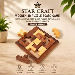 Puede incluir: Un juego de mesa de rompecabezas 3D de madera cuadrado con piezas entrelazadas de color marrón oscuro y amarillo claro. El texto STAR CRAFT WOODEN 3D PUZZLE BOARD GAME es visible arriba, con iconos de diseño 3D, lógica, hecho a mano y viaje abajo.