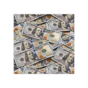 May include: A collage of multiple one hundred dollar bills overlapping each other. Each bill features the portrait of Benjamin Franklin, the text United States of America, the number 100, and various security markings printed in green and black ink.