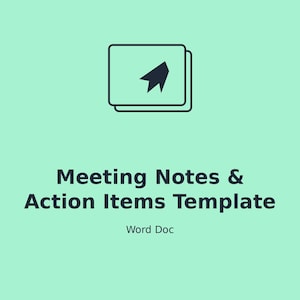 Puede incluir: Una plantilla digital para Meeting Notes & Action Items en formato Word Doc. El gráfico presenta un icono gris oscuro de documentos apilados con un símbolo de avión de papel sobre un fondo verde menta claro sólido con texto negro.