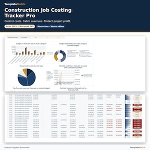 Construction Job Costing Tracker Pro | Excel Budget vs Actual, Profit Forecast