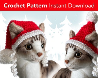 Cat Santa Hat Crochet Pattern - Long & Short Styles | Christmas Hat for Cats Small Dogs Crochet Pattern