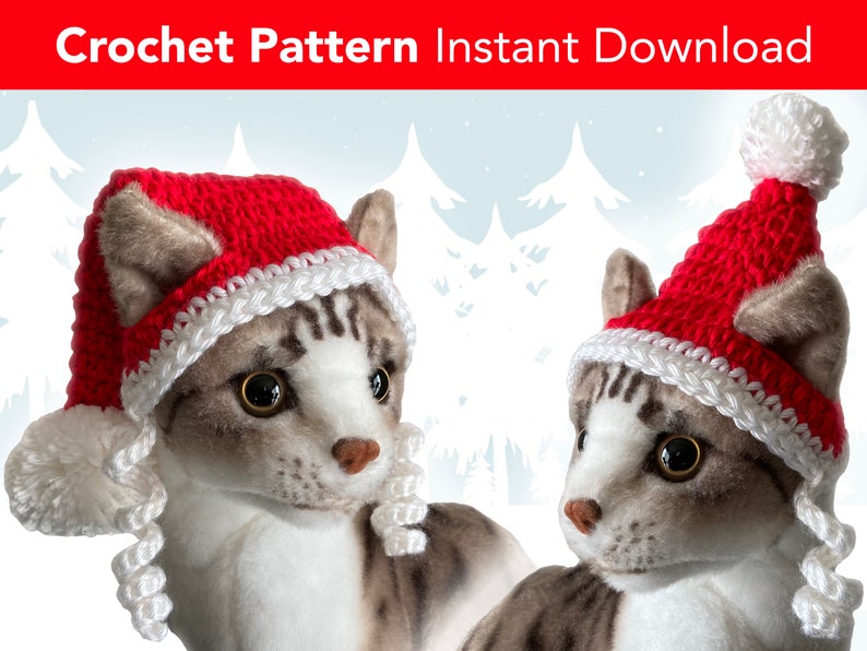Cat Santa Hat Crochet Pattern Long & Short Styles Christmas Hat for Cats Small Dogs Crochet