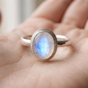 Natural Rainbow Moonstone Ring, Sterling Silver Oval Moonstone Ring, Blue Flash Gemstone Ring, Minimalist Boho Statement Gift for Her
