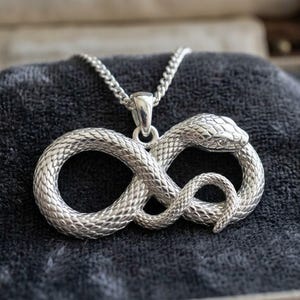 Puede incluir: Un colgante de tono plateado con forma de serpiente enroscada en un símbolo de infinito, suspendido de una cadena de tono plateado a juego. La serpiente presenta escamas texturizadas detalladas en todo el cuerpo y una cabeza definida.