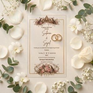 May include: A rectangular clear acrylic wedding invitation with gold border, featuring floral illustrations, two gold rings, and text announcing the marriage of Sulman and Sajal on Sunday, September 22, 2027, at Banquet Hall, Mumbai, at six o'clock.