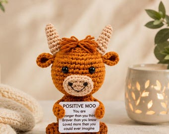 Crochet Highland Cow Plush, Emotional Support Keepsake, Positive Message Card, Farm Animal Decor