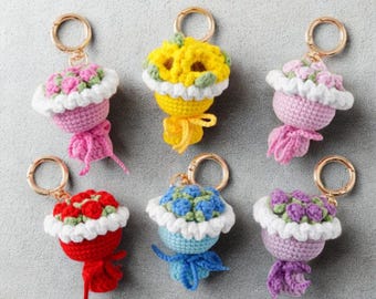 Handmade Crochet Flower Bouquet Keychain, Sunflower Rose Bag Charm, Cotton Yarn Floral Keyring