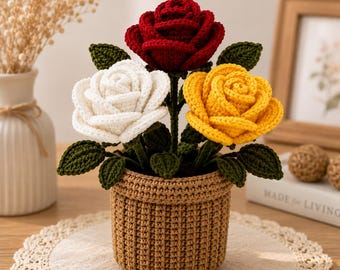 Wzór na szydełkową doniczkę z różą w formacie PDF, samouczek wykonania doniczki amigurumi, dekoracja domu DIY, natychmiastowe pobranie