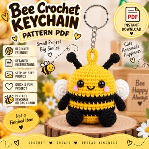 Bee Crochet Keychain Pattern PDF, Mini Amigurumi Bumblebee, Bag Charm Beginner Tutorial