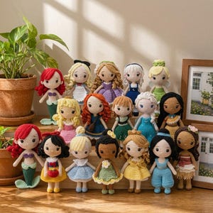 May include: A collection of sixteen small, handcrafted crochet dolls representing various characters. Each doll features yarn hair, embroidered facial features, and colorful outfits. The dolls are arranged in two rows, showcasing diverse hair colors, styles, and clothing designs, including dresses, skirts, and mermaid tails.
