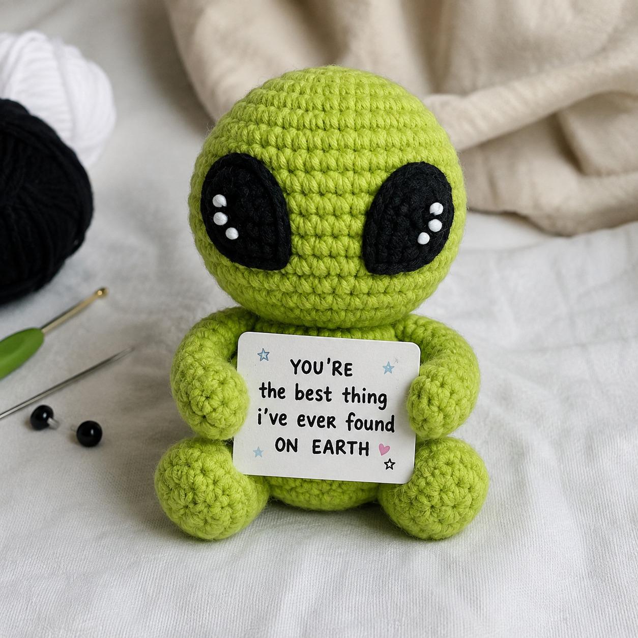 Handmade Crochet Alien Doll with Message Card | Green Amigurumi Plush Desk Decor
