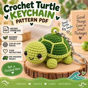 Turtle Crochet Keychain Pattern PDF, Mini Amigurumi Bag Charm, Sea Animal Beginner Tutorial