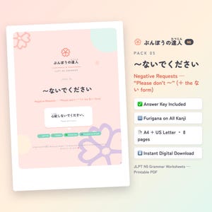 May include: A digital educational worksheet for JLPT N5 grammar titled "~ないでください" featuring a soft pink background with purple cherry blossom graphics. The document includes text in Japanese and English, an answer key, and 8 pages in A4 and US Letter sizes.