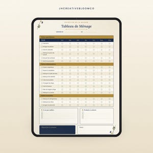 Peut inclure: Une tablette numérique affichant un tableau de ménage intitulé Tableau de Ménage. La mise en page comprend des sections pour les tâches quotidiennes, hebdomadaires et mensuelles avec des cases à cocher, ainsi que des zones pour les notes.