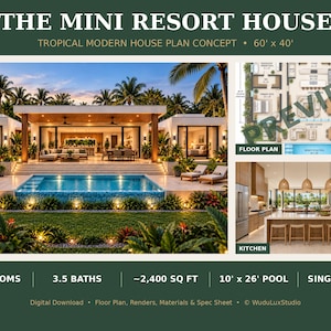 Tropical Modern House Plan Concept, 4 Bed 3.5 Bath, 2400 Sq Ft Single Story Home with Pool, Floor Plan & Renders, PDF Download