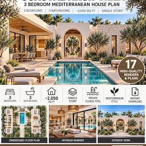 May include: A Coastal Arch Villa house plan document featuring a Mediterranean design with 3 bedrooms, 3 bathrooms, and 2,050 sq ft. The image displays a single-story home with a pool, floor plans, interior renders, and exterior views.