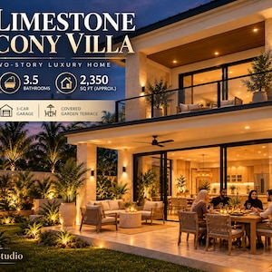 May include: A two-story luxury villa titled The Limestone Balcony Villa, featuring 4 bedrooms, 3.5 bathrooms, and 2,350 sq ft. The exterior shows a recessed balcony, a 1-car garage, and a covered garden terrace with outdoor seating and lighting.